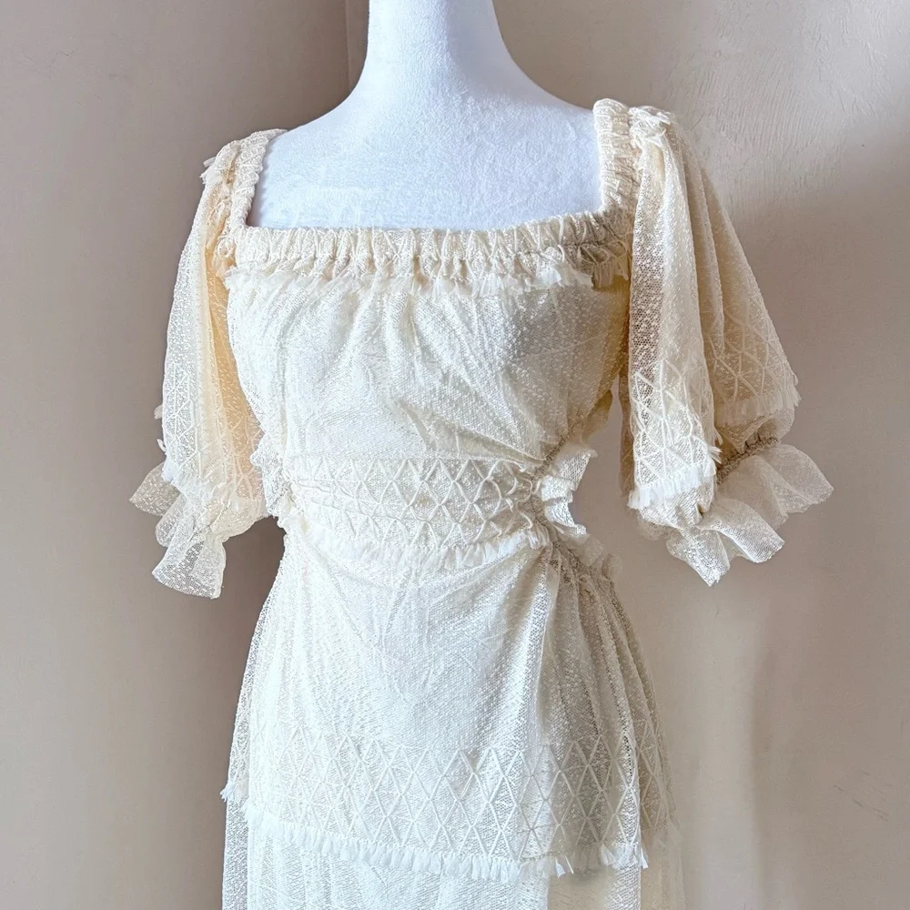 NWT Skylar Rose Off The Shoulder Open Back Boho Tiered Lace Maxi Dress Cream M - Picture 7 of 15